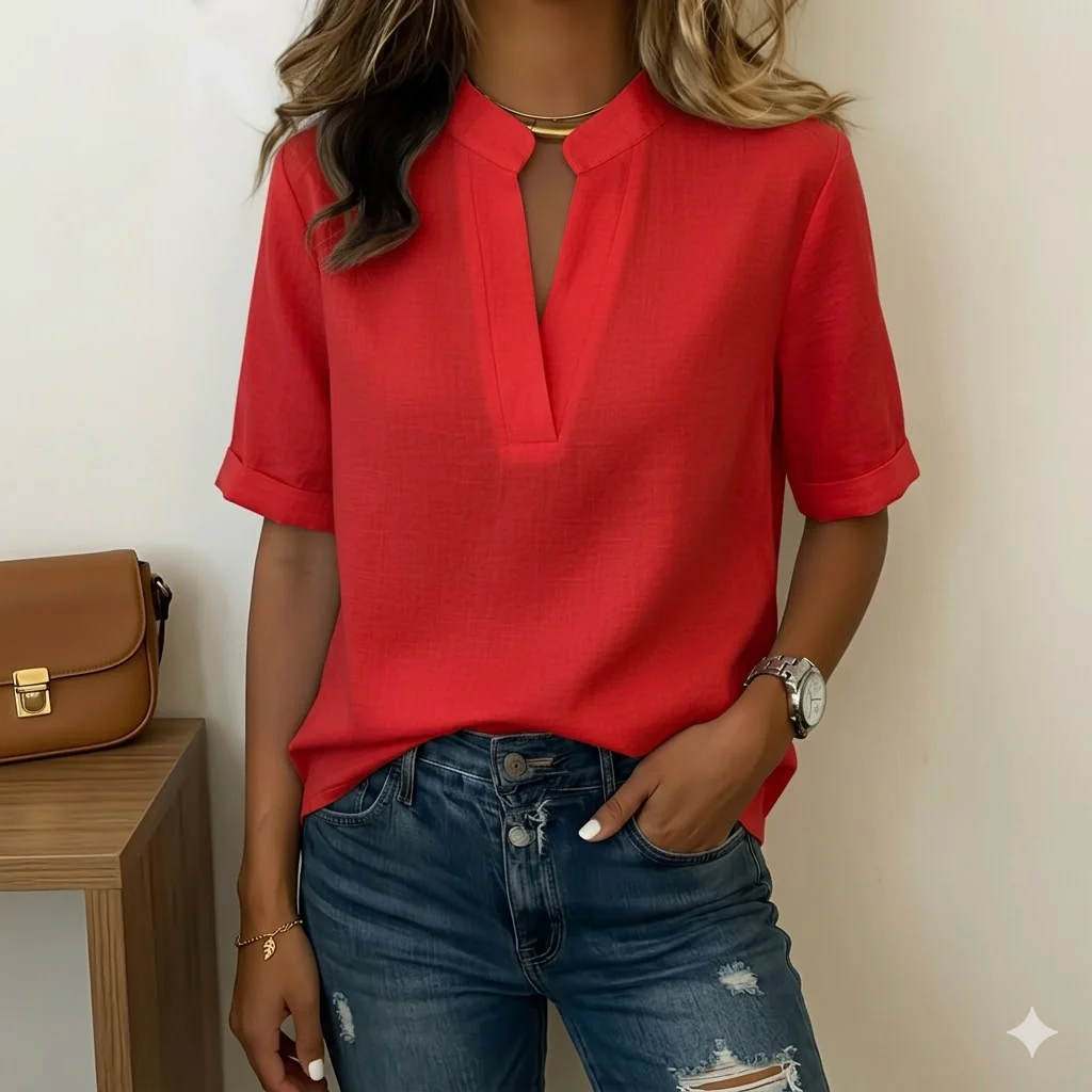 Blouse Femme Élégante à Col V avec Détail Doré - Image 6