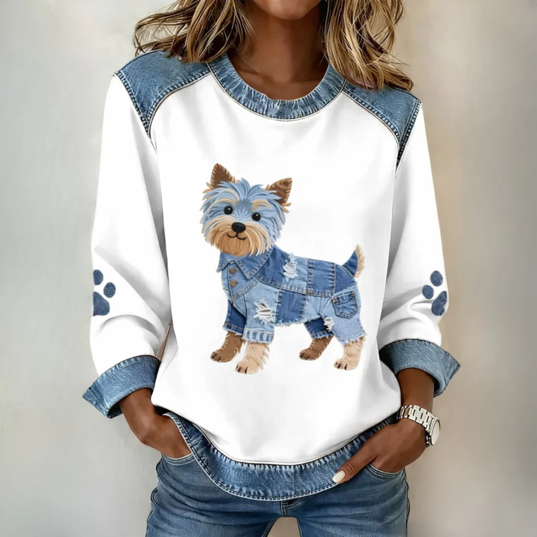 Blouse Patchwork Moderne Motif Chien Denim - Image 2