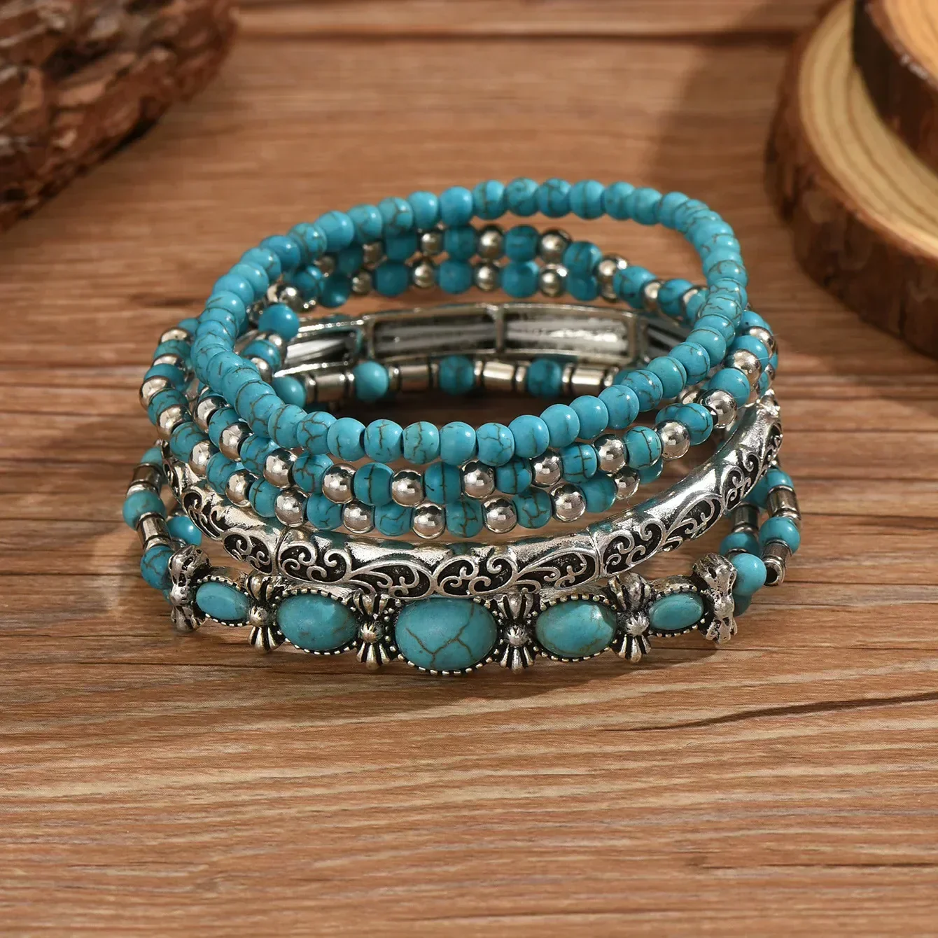 Bracelet multi-rangs turquoise bohème élégant et tendance - Image 3