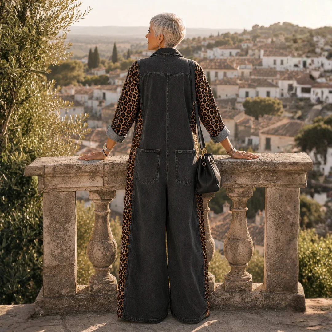 Combinaison Longue Effet Denim et Imprimé Léopard - Image 17