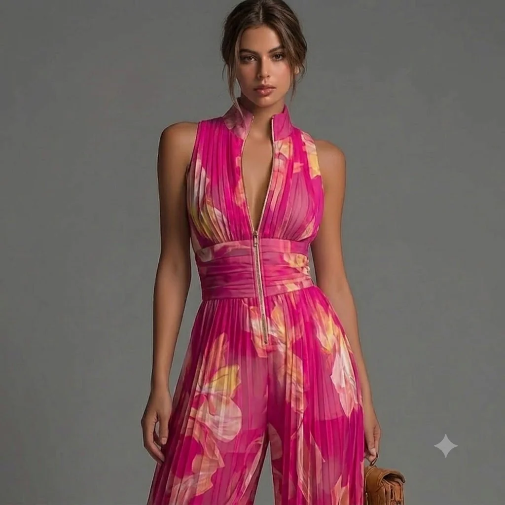 Combinaison florale fuchsia plissée élégante femme - Image 3