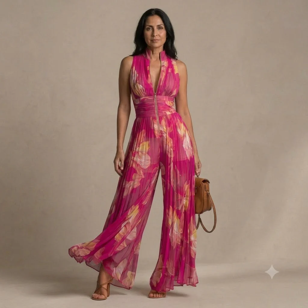 Combinaison florale fuchsia plissée élégante femme - Image 5
