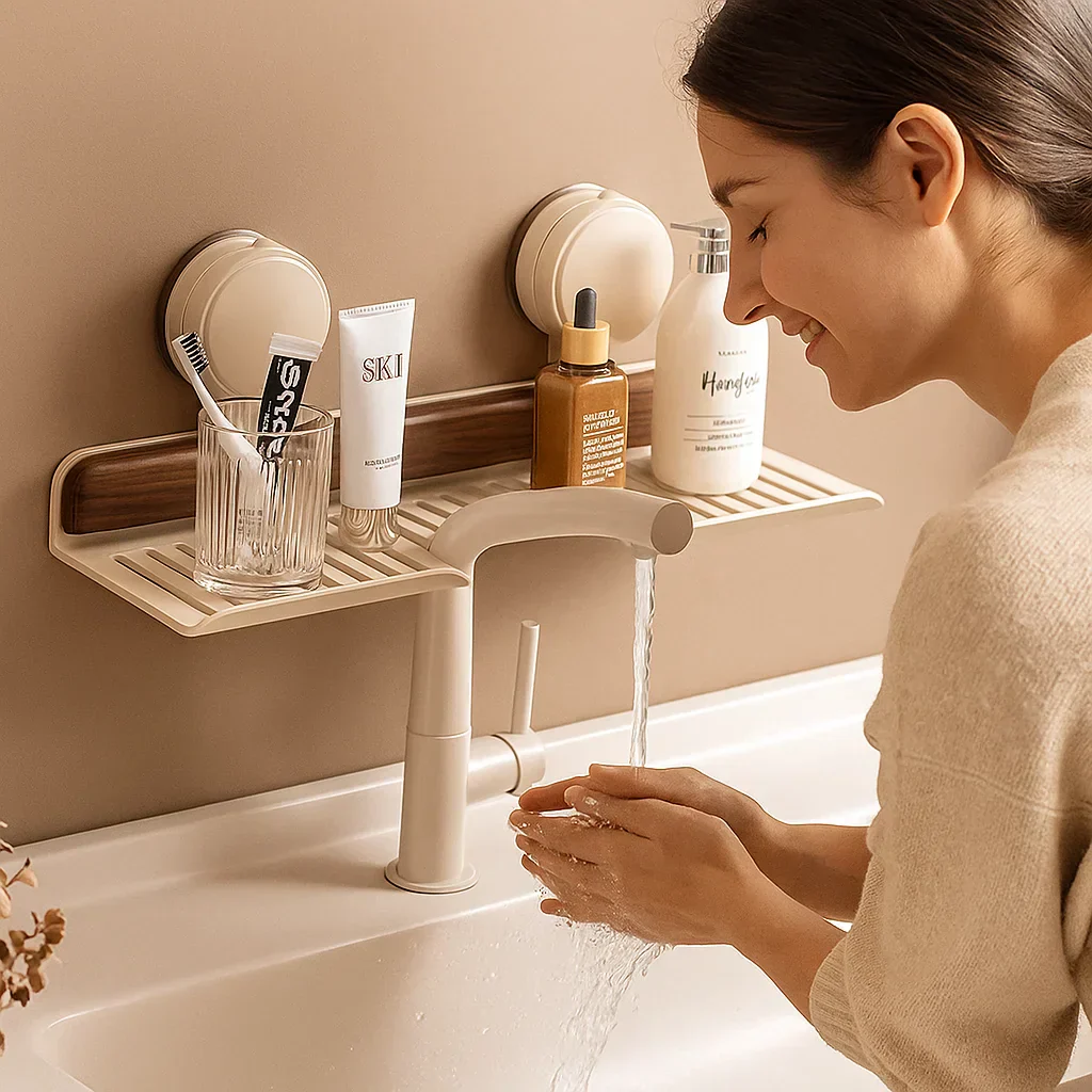 Étagère à ventouse pour salle de bain au design noyer - Image 2