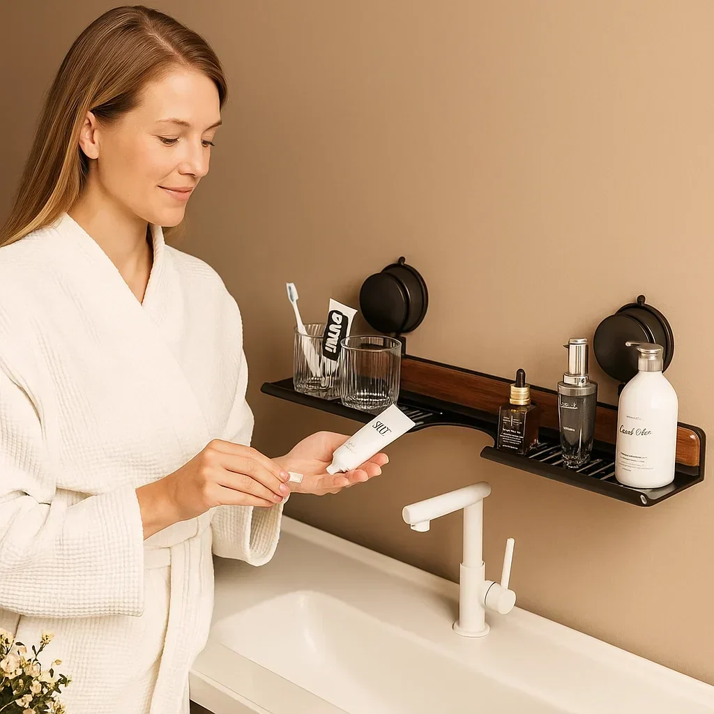 Étagère à ventouse pour salle de bain au design noyer - Image 3
