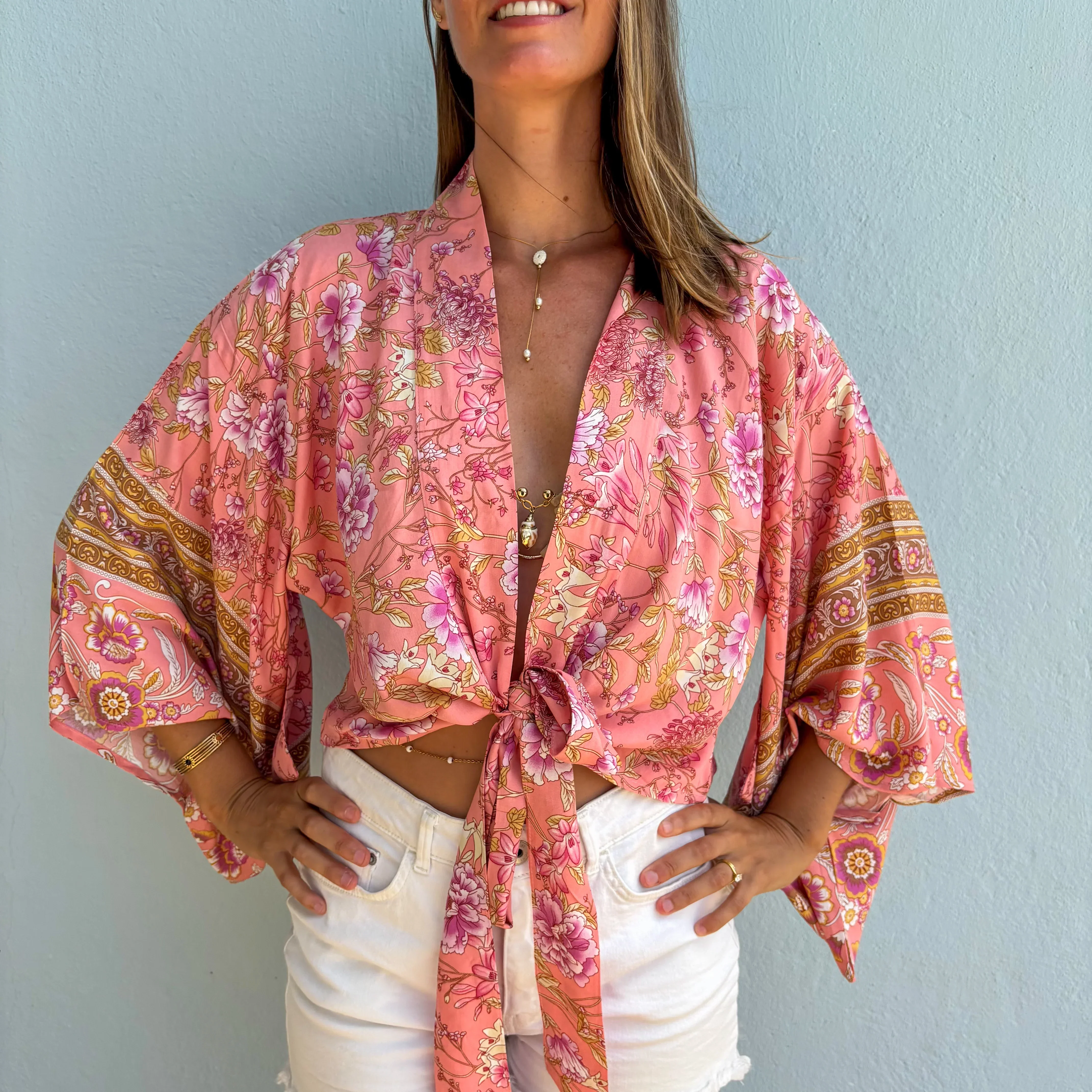 Kimono court femme – Fleur menthe – Léger, fluide et estival - Image 11