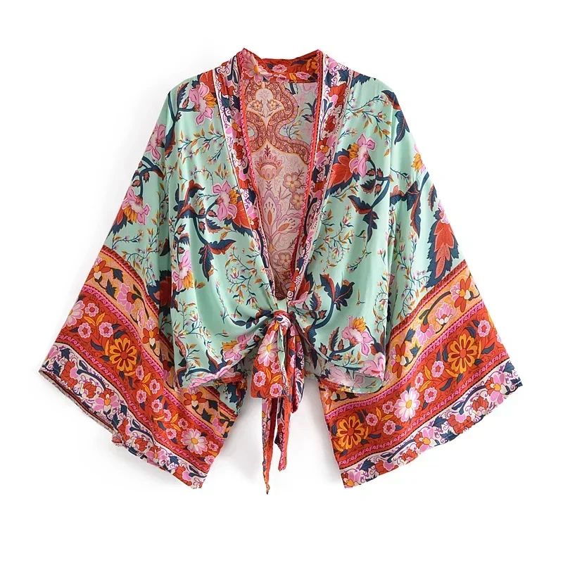Kimono court femme – Fleur menthe – Léger, fluide et estival - Image 2