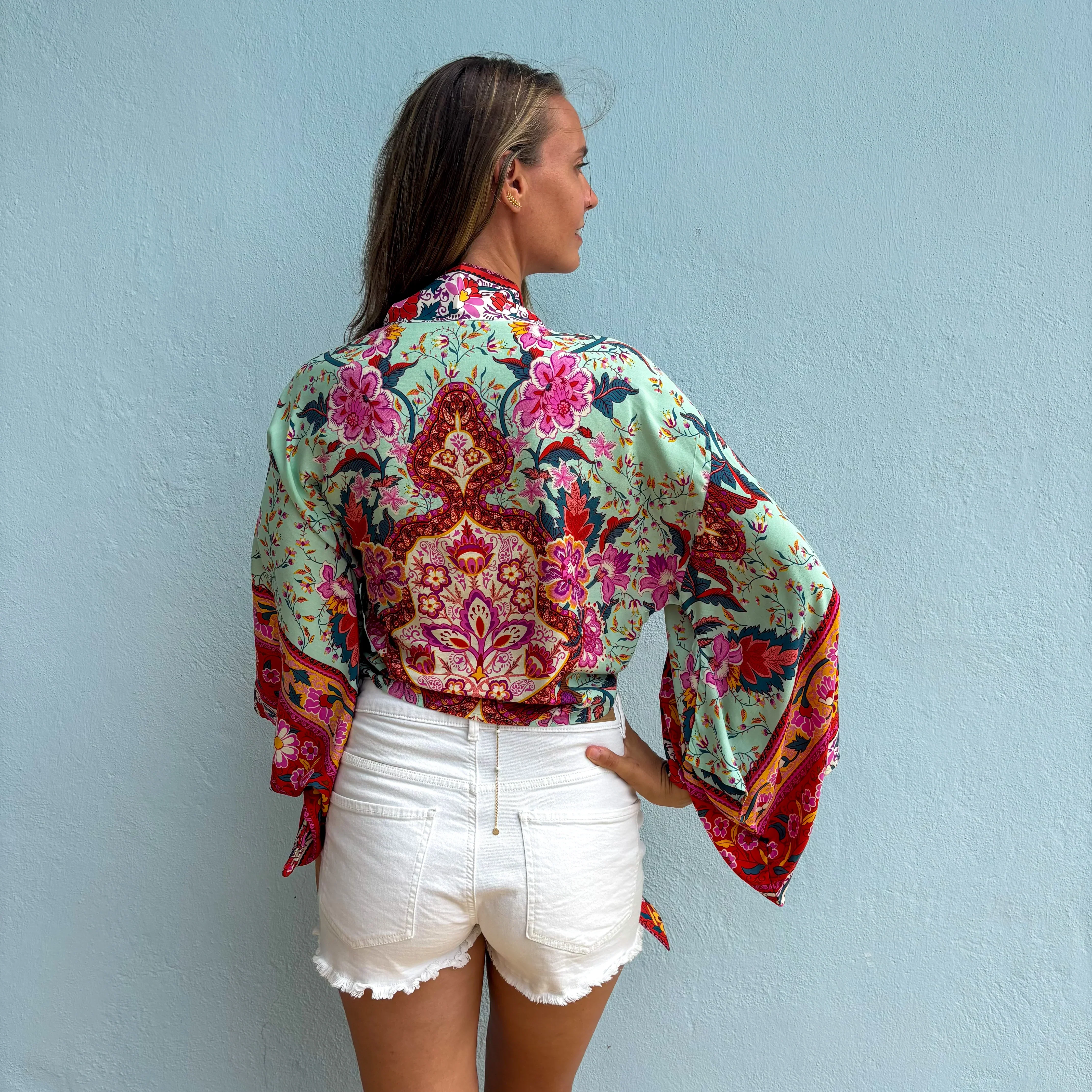 Kimono court femme – Fleur menthe – Léger, fluide et estival - Image 4