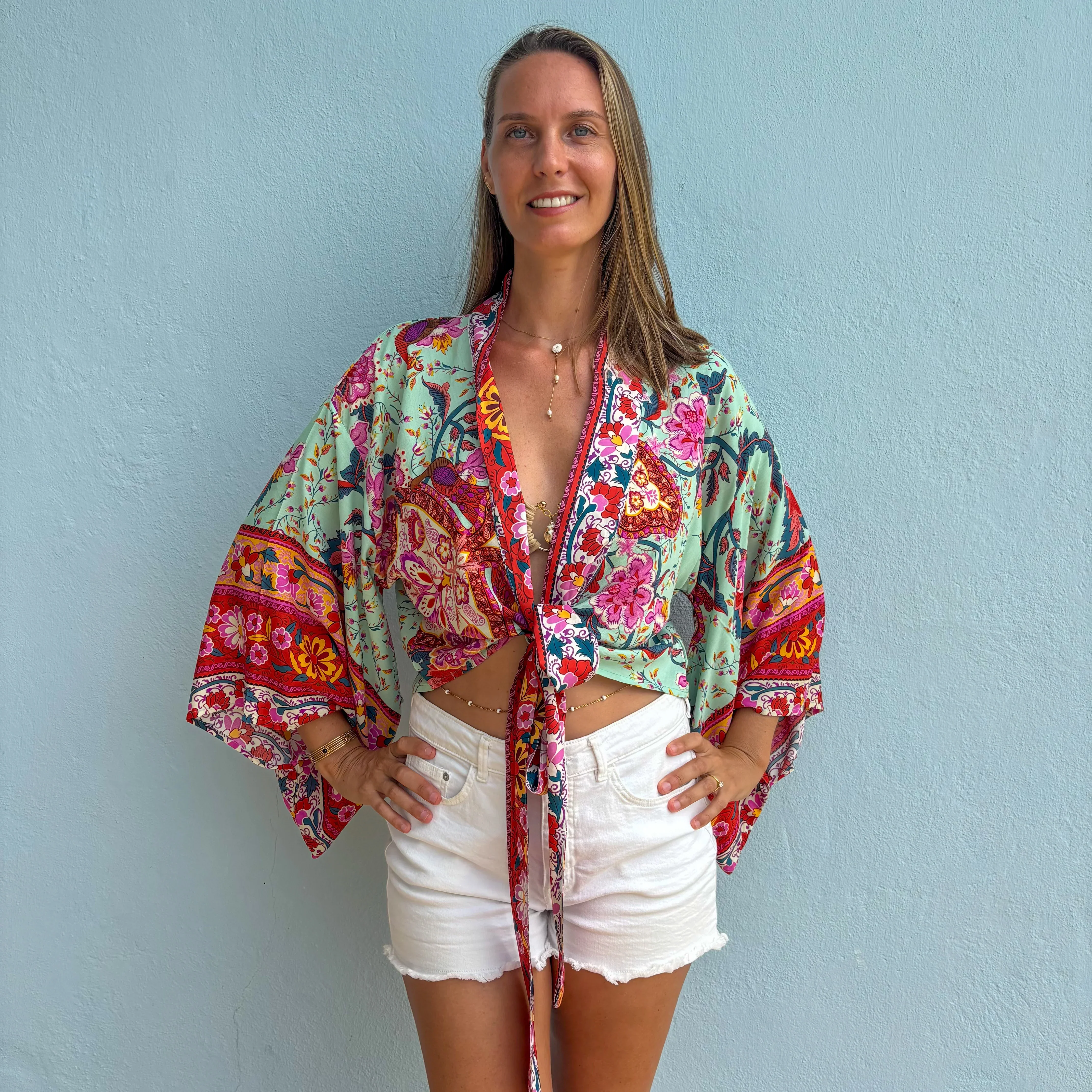 Kimono court femme – Fleur menthe – Léger, fluide et estival - Image 5