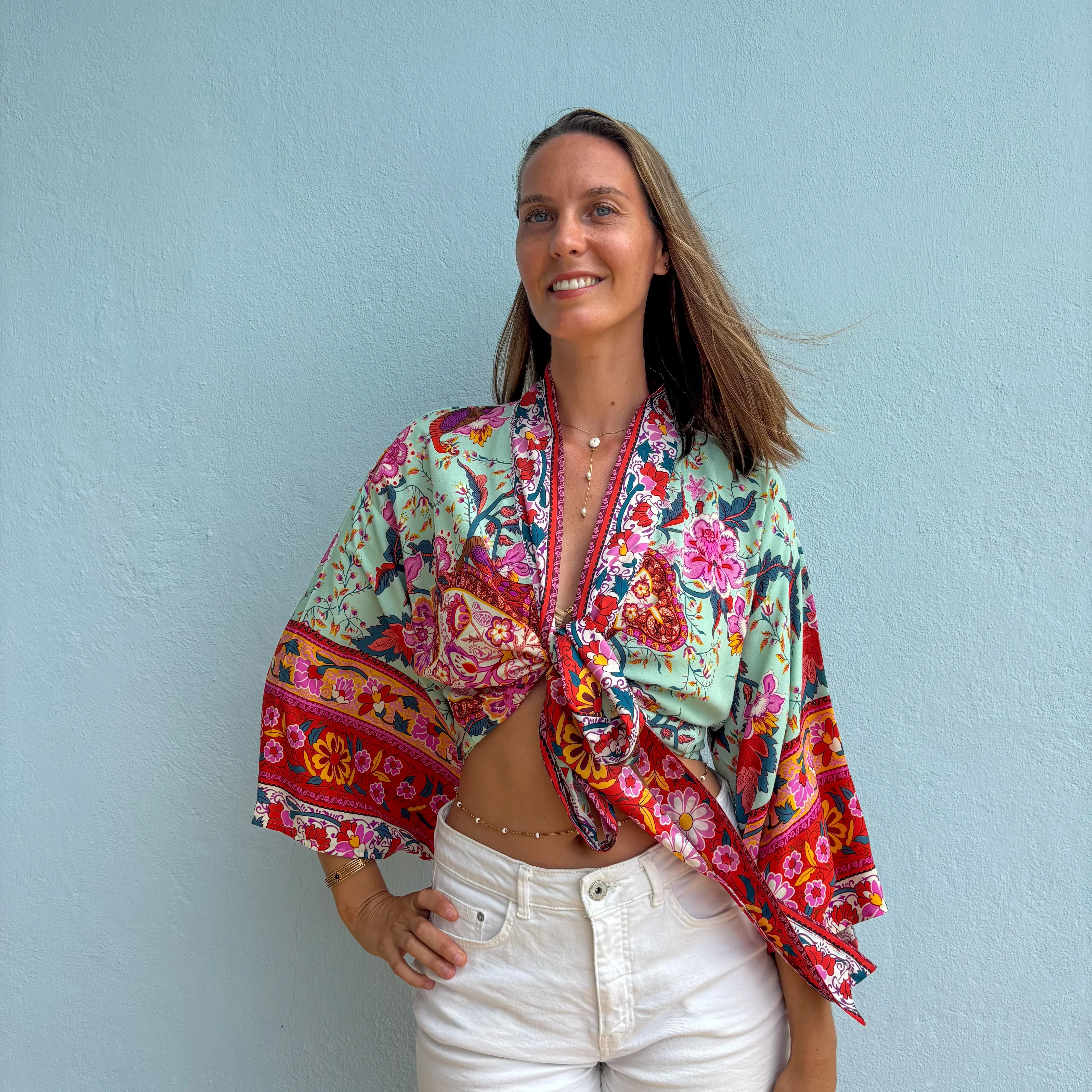 Kimono court femme – Fleur menthe – Léger, fluide et estival - Image 6