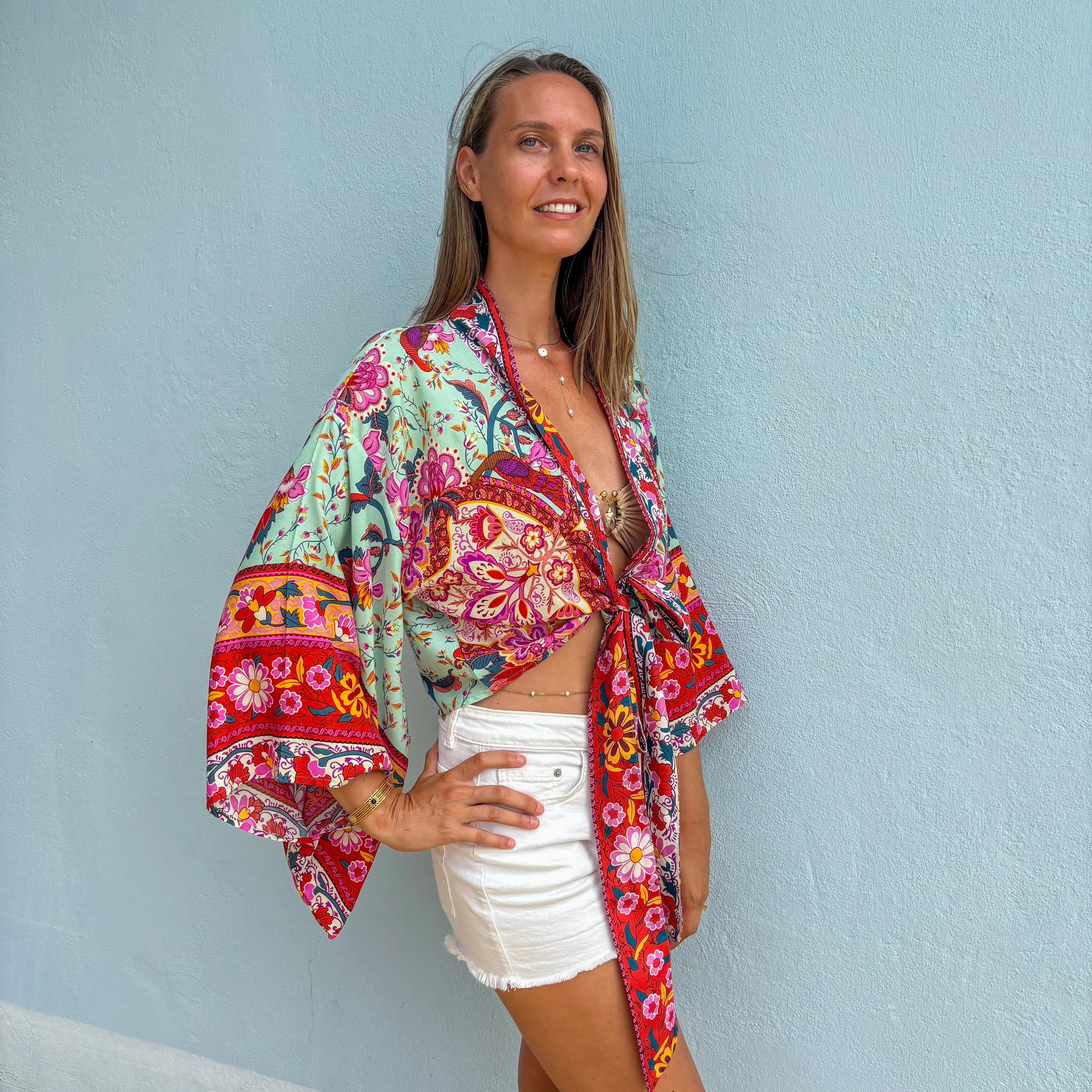 Kimono court femme – Fleur menthe – Léger, fluide et estival - Image 7