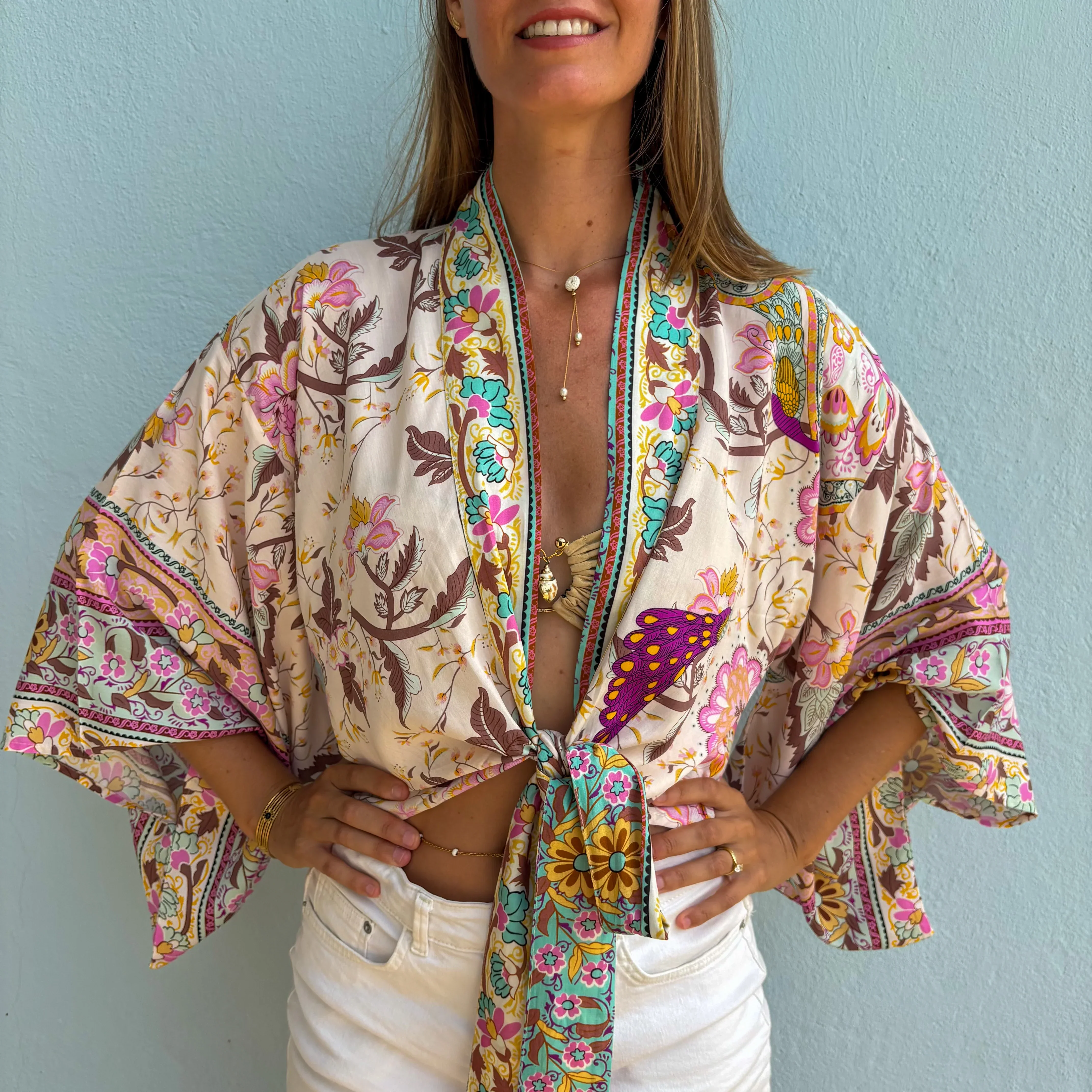 Kimono court femme – Fleur menthe – Léger, fluide et estival - Image 8