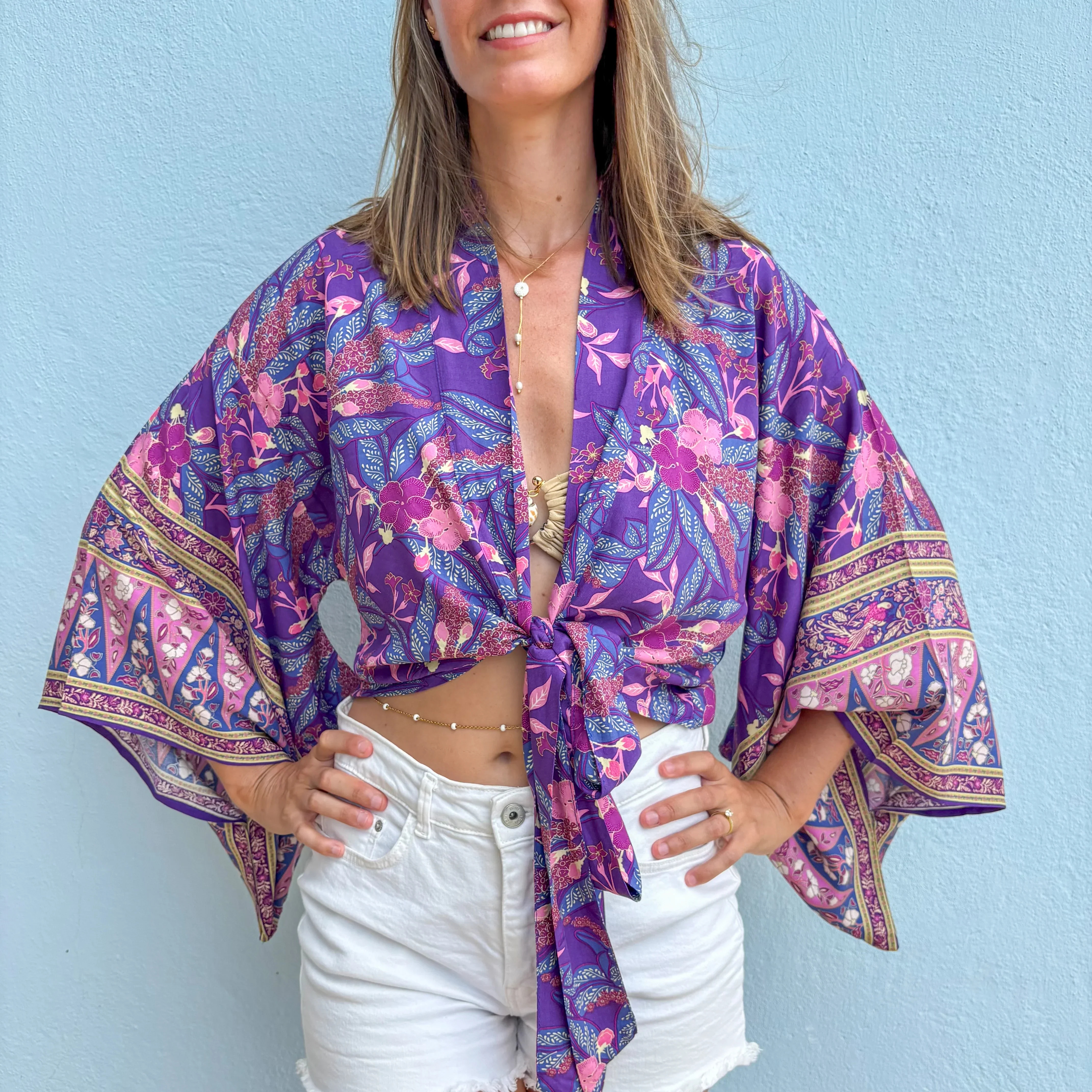 Kimono court femme – Fleur menthe – Léger, fluide et estival - Image 9