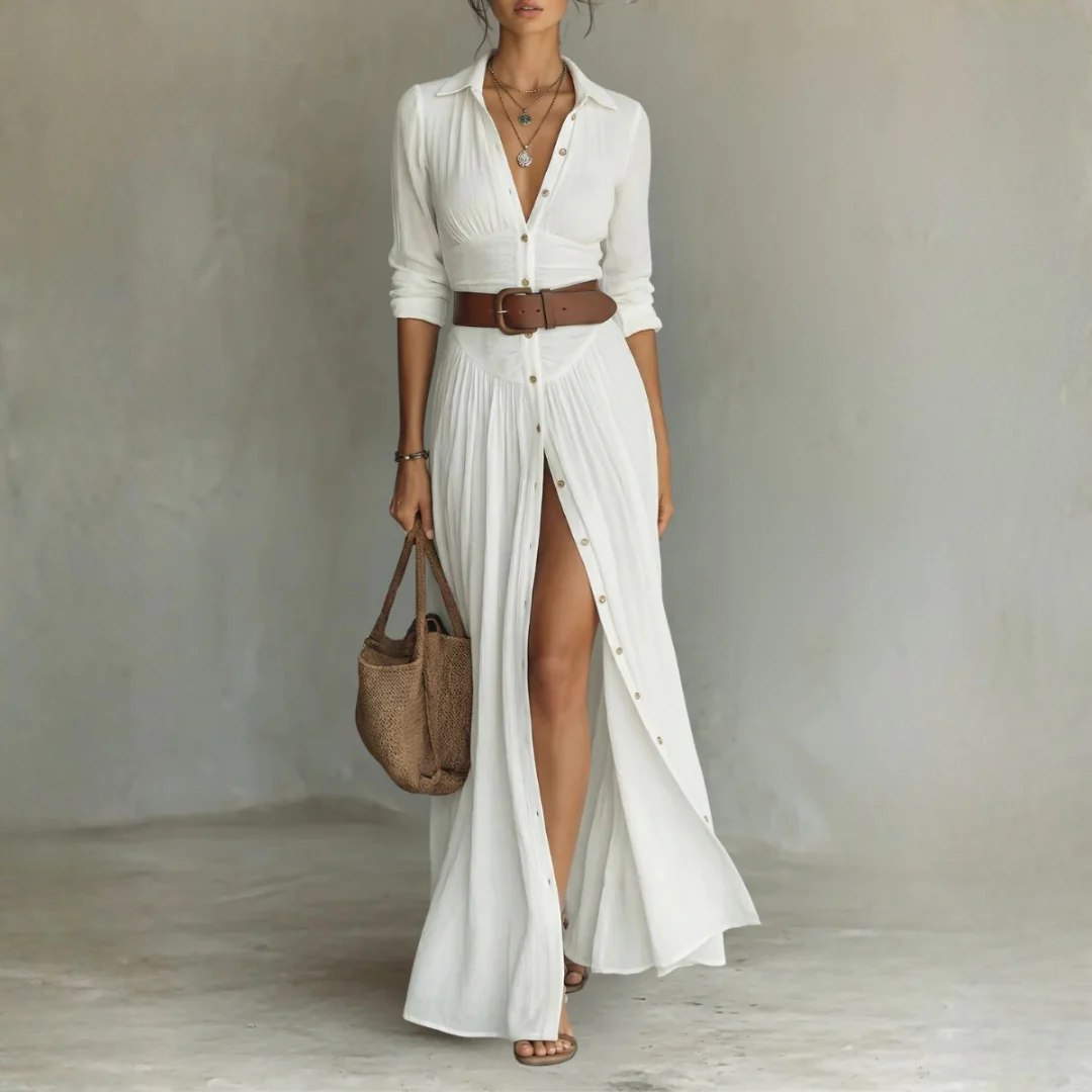 Robe Maxi Élégante à Col Revers